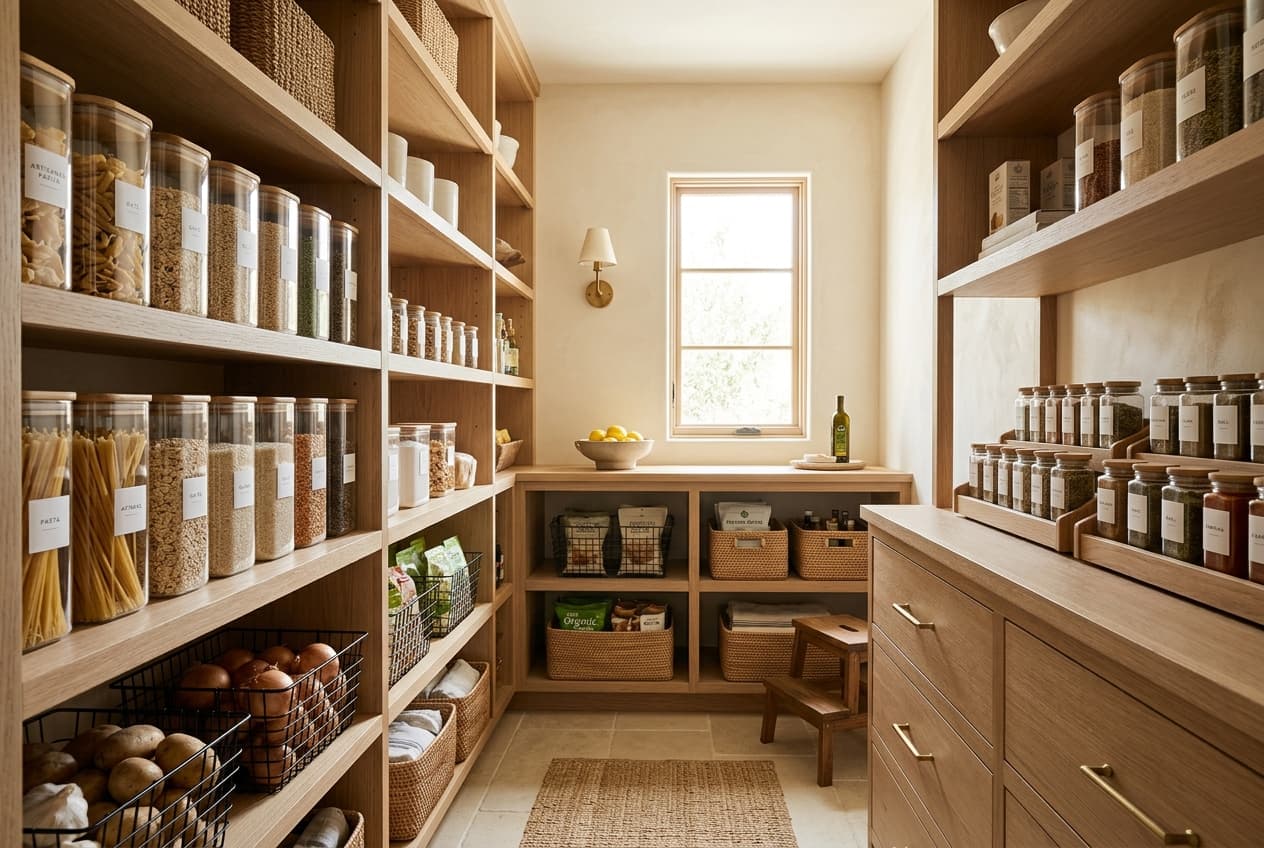 Neatly arranged wooden pantry shelves with clear airtight canisters and labeled wire baskets