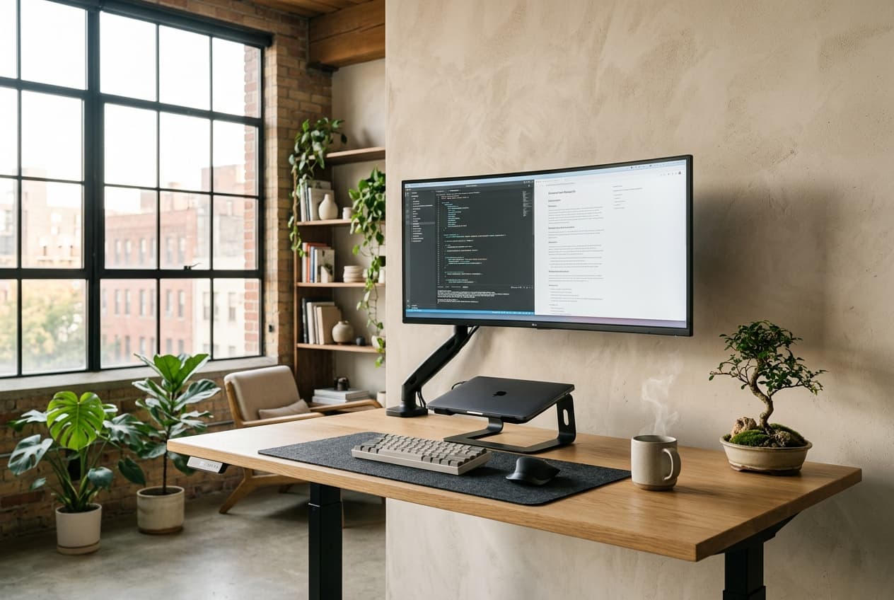 Minimalist oak standing desk setup with dual-arm monitor mount and merino wool desk pad
